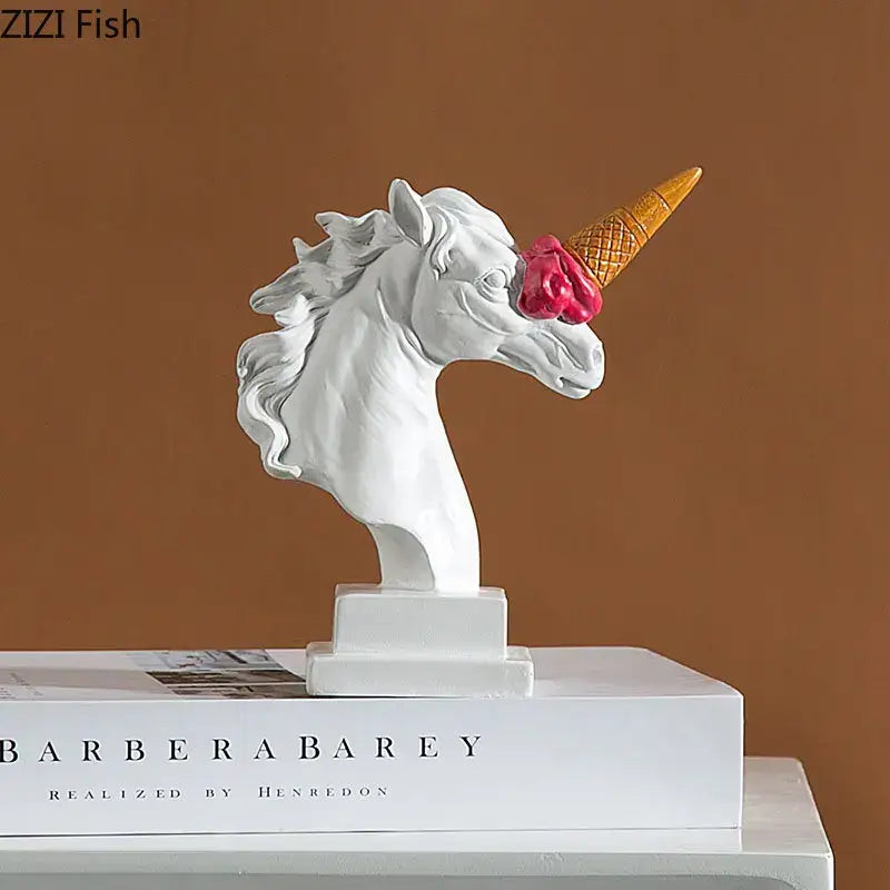 Modern white and pink ice cream horsehead sculpture with golden cone horn and pink rose made of glossy resin decorbites decor