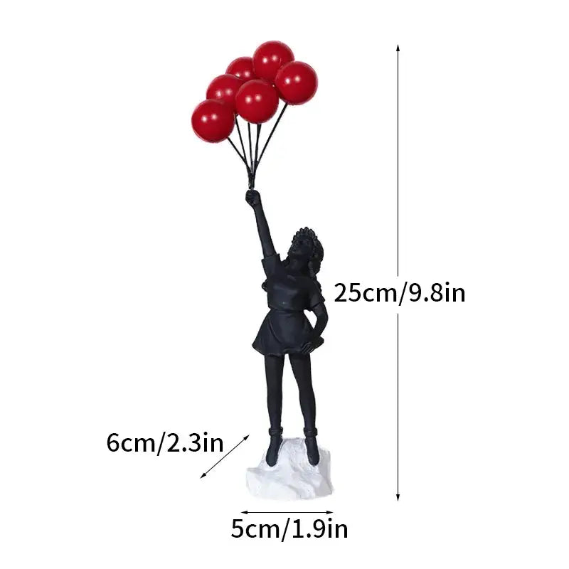 Black resin banksy girl balloon sculpture figure holding red balloons for modern living room decor
