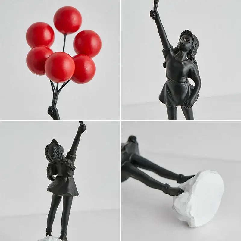 Black resin banksy girl balloon sculpture figure holding red balloons on white base for modern living room decor
