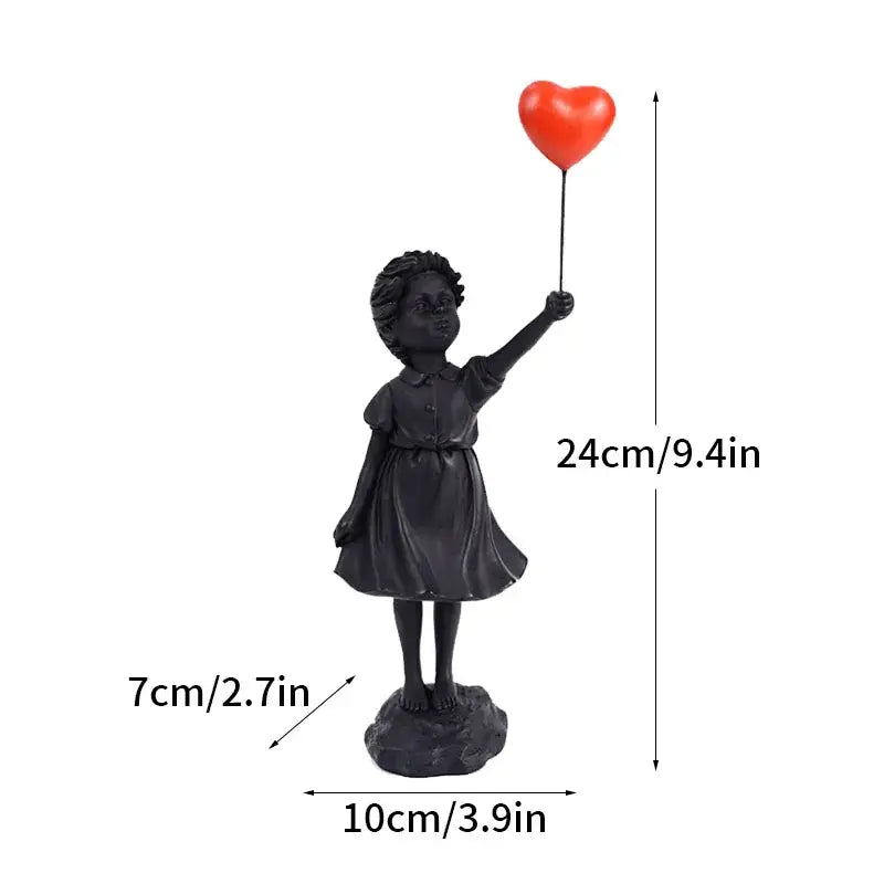 Black resin banksy girl balloon sculpture figure holding a red heart balloon for modern living room decor