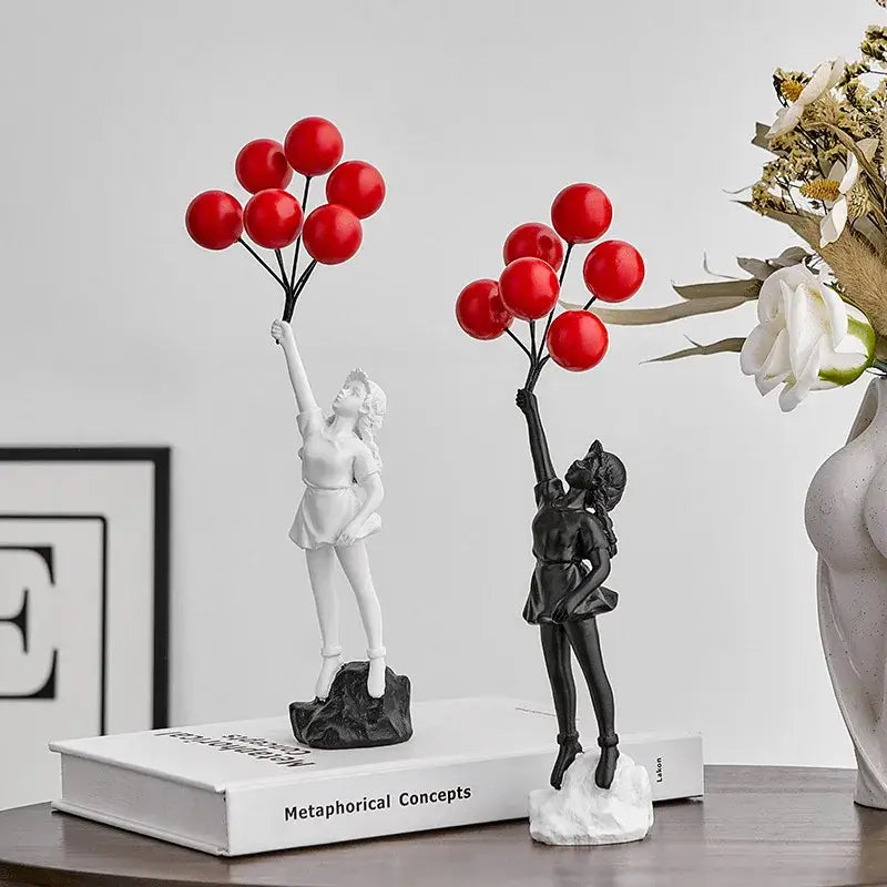 Modern white and black banksy girl balloon sculpture figures holding red balloons for living room decor