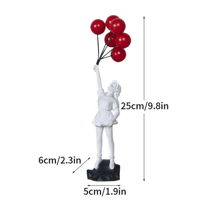 Modern white resin banksy girl balloon sculpture holding red balloons for living room decor