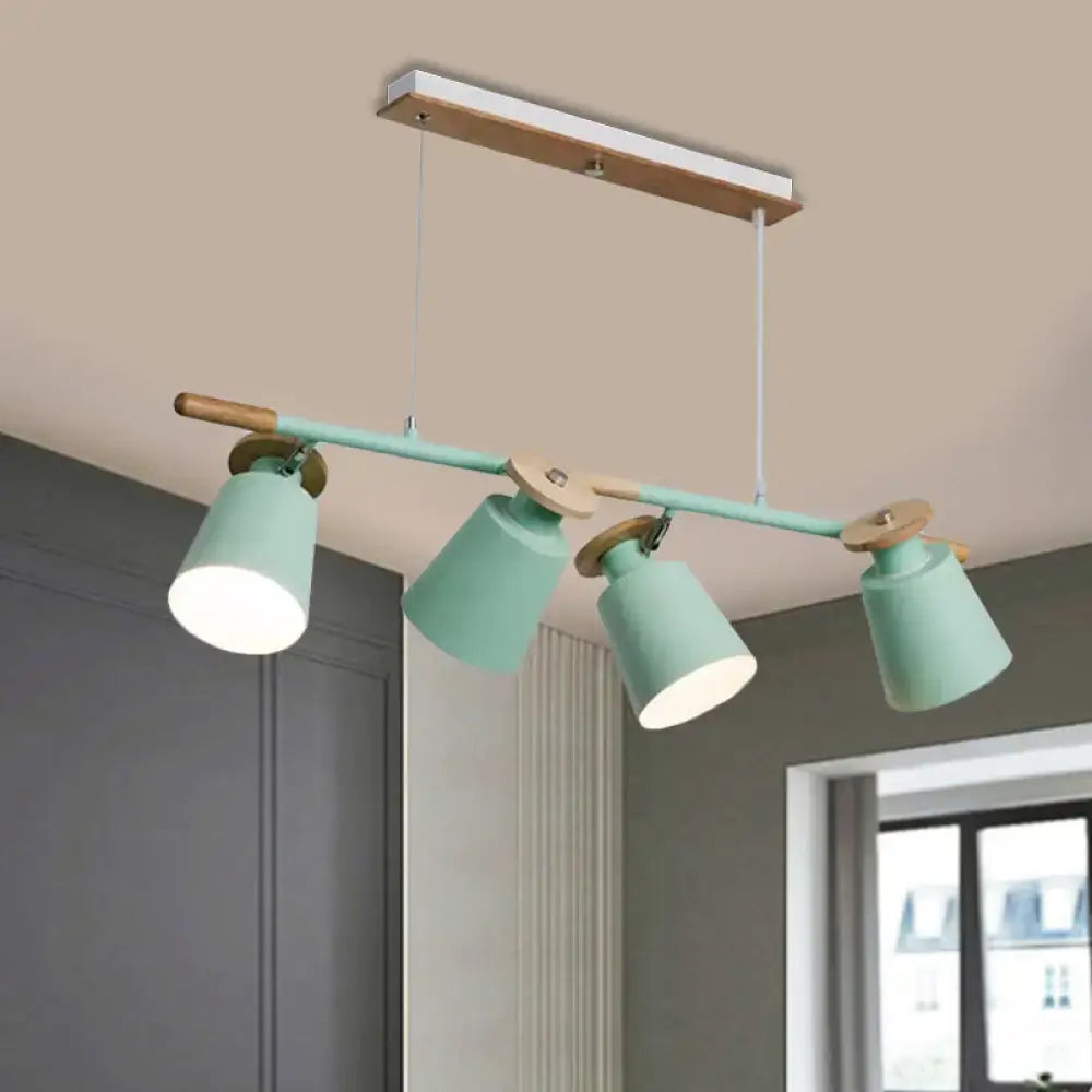 Modern mint green metal and wood pendant light fixture with four adjustable e26 e27 bulb base spotlight heads for restaurants