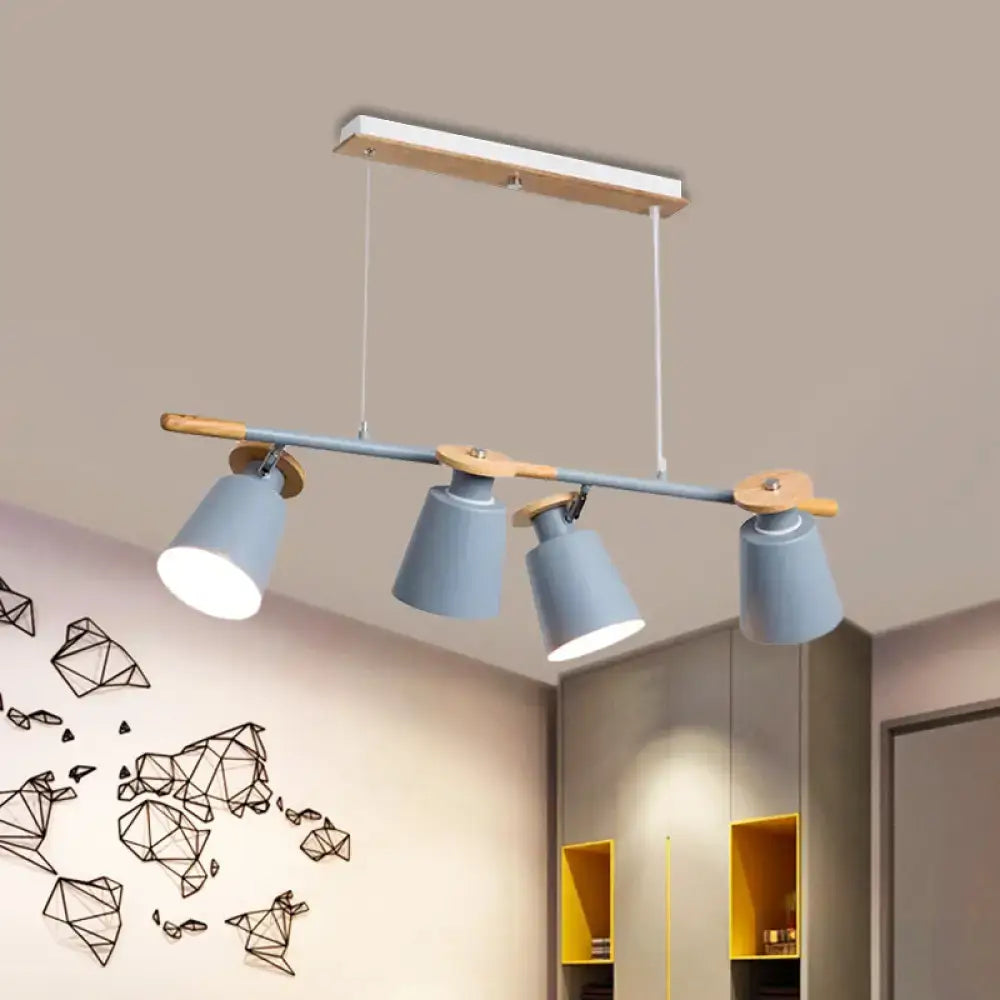 Modern decorbites nordic metal linear chandelier with four matte blue e26 e27 bulb base shades and wooden accents