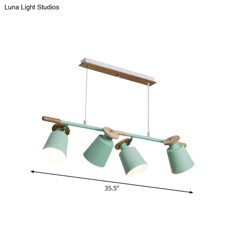 Pastel green matte DecorBites nordic metal linear chandelier with wooden accents and four adjustable e26 e27 bulb base shades