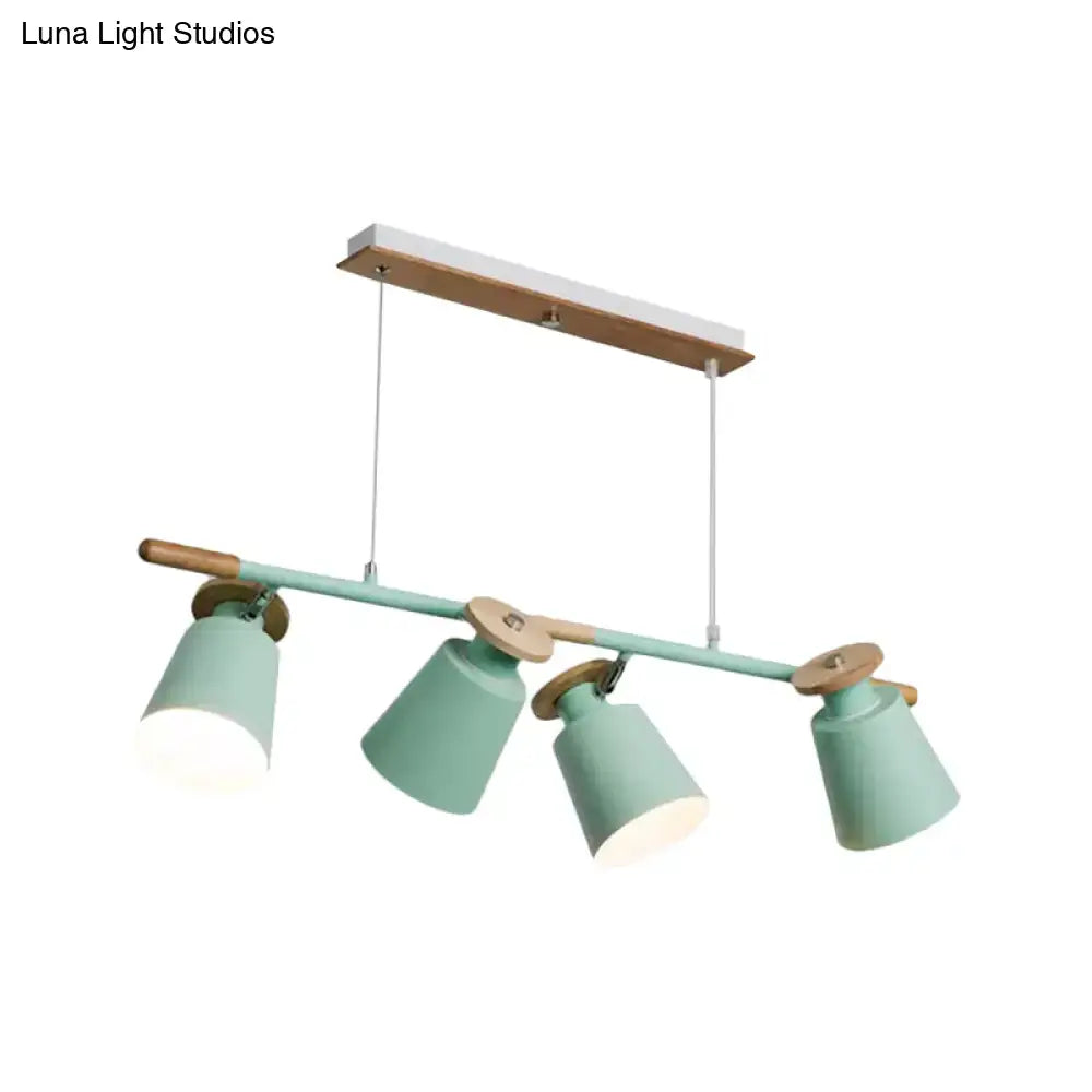 Pastel green nordic metal linear chandelier with wooden accents and four adjustable e26 e27 bulb base lamp shades for restaurants