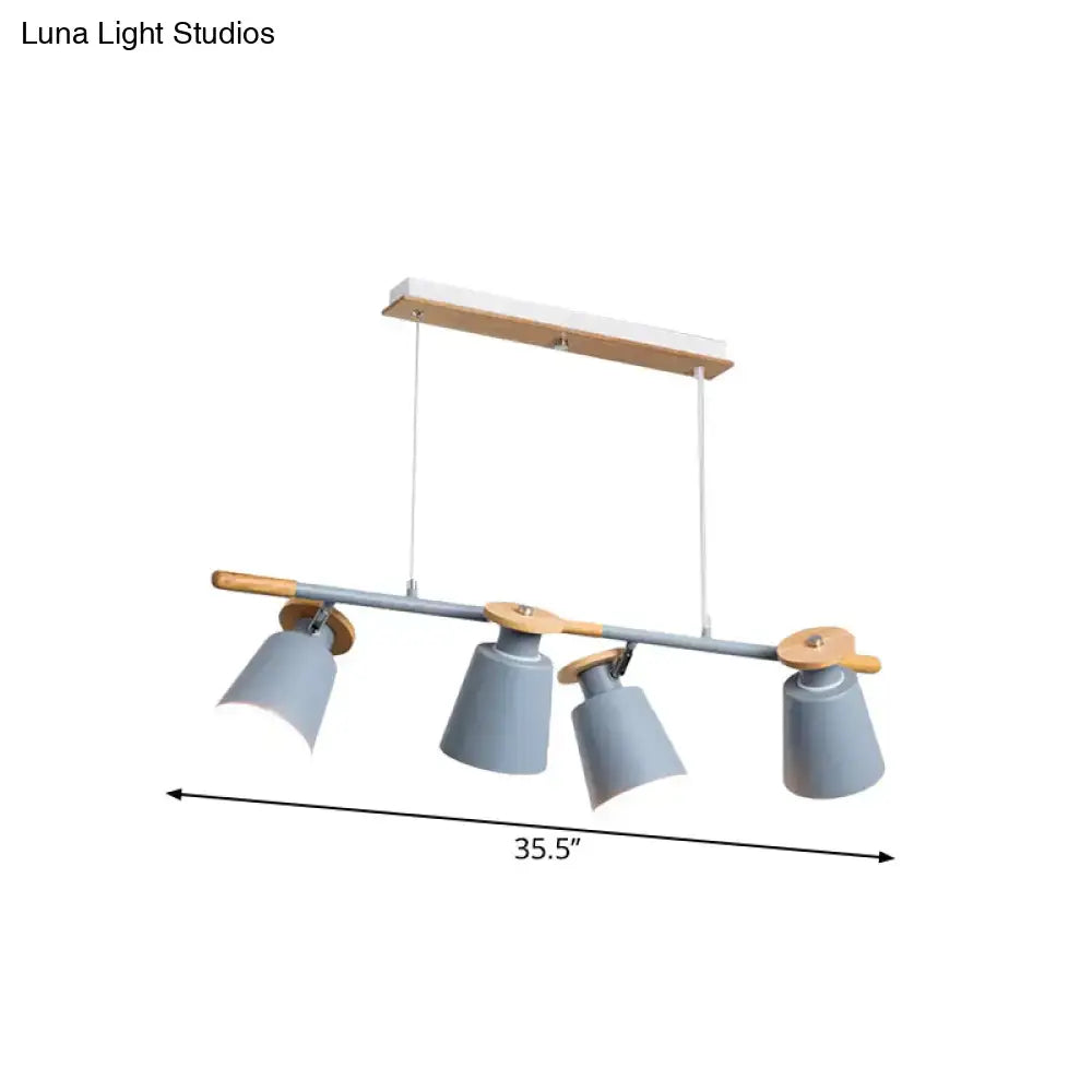 Decorbites nordic metal linear chandelier in gray with wooden accents features four adjustable cone-shaped shades with e26 e27 bulb base