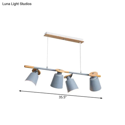 Decorbites nordic metal linear chandelier in gray with wooden accents features four adjustable cone-shaped shades with e26 e27 bulb base