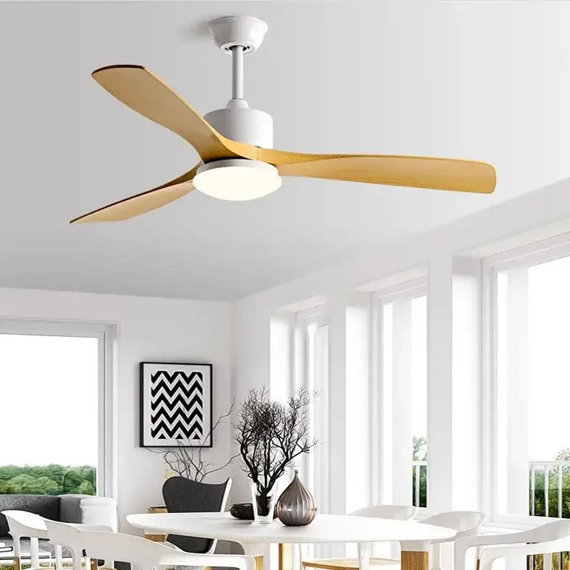 Modern white and wood blade dc ceiling fan with integrated led light and remote control for bedroom use