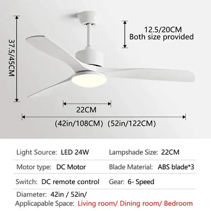 Modern white and wood blade dc ceiling fan with three sleek abs blades and built-in led light for bedroom use
