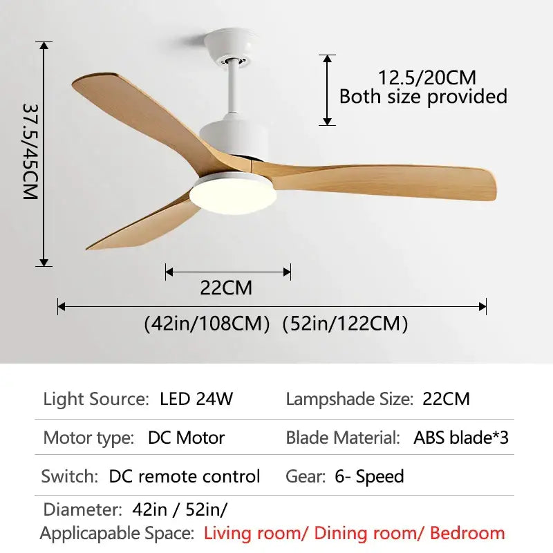 Modern white and wood blade dc ceiling fan with led light featuring three light wood blades and integrated lamp for bedroom use