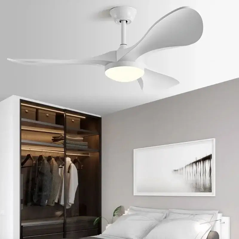 Modern white and wood ceiling fan with sleek curved blades and integrated led lighting for living room use