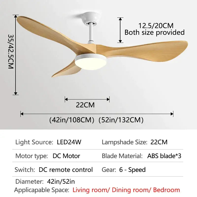 Modern ceiling fan with three light wood blades and white housing with integrated led lamp for living room use