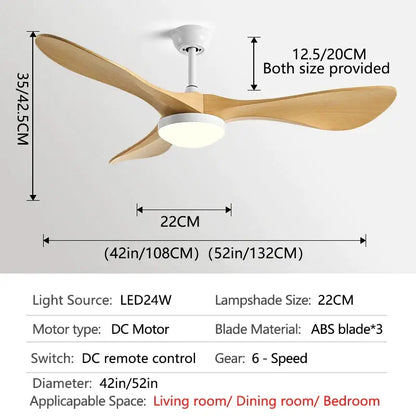 Modern ceiling fan with three light wood blades and white housing with integrated led lamp for living room use