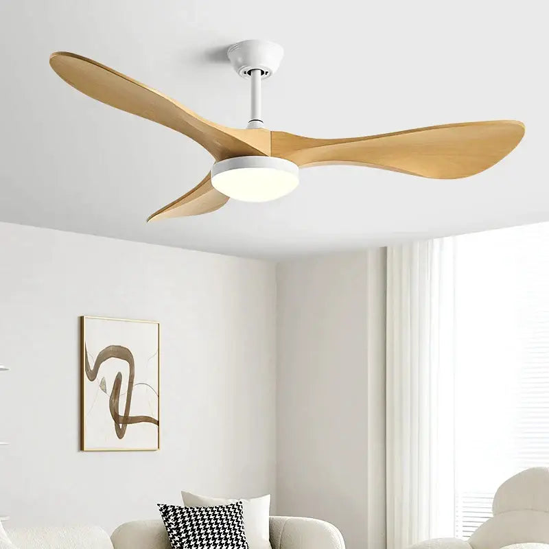 Modern ceiling fan with three light wood blades and white housing featuring integrated circular led light for living room use