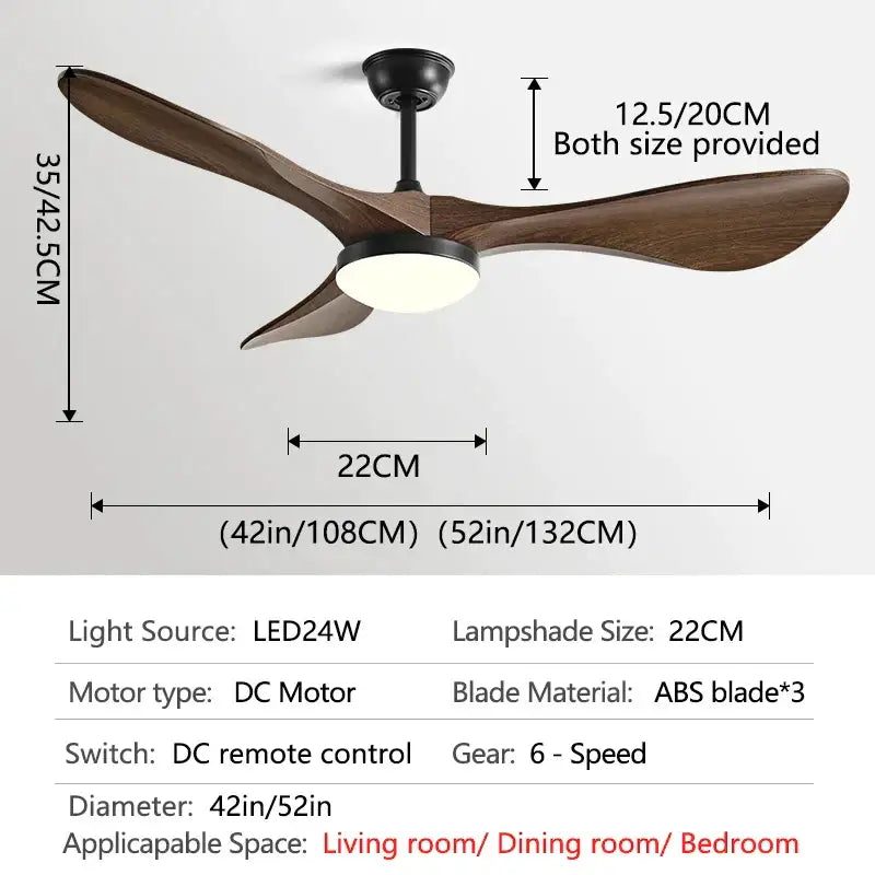 Modern ceiling fan with three dark wood abs blades and black housing featuring integrated led light for living room use