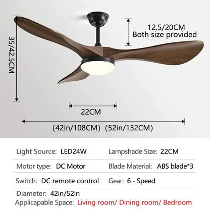 Modern ceiling fan with three dark wood abs blades and black housing featuring integrated led light for living room use