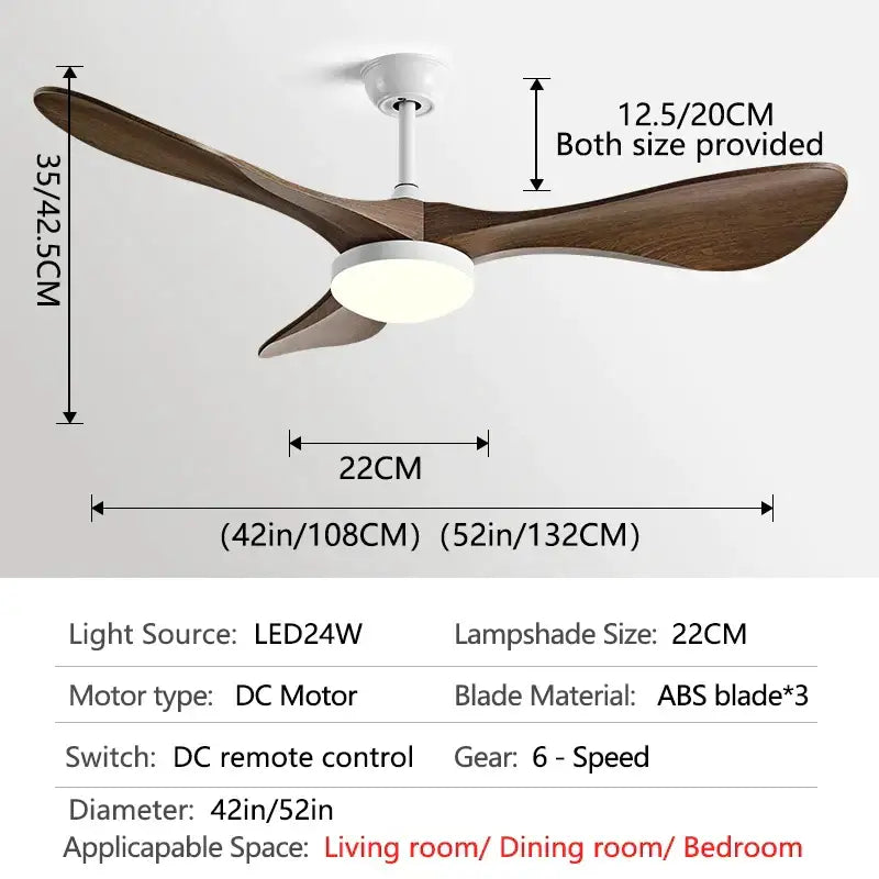 Modern ceiling fan with three dark brown wooden blades and a white LED light for living room use