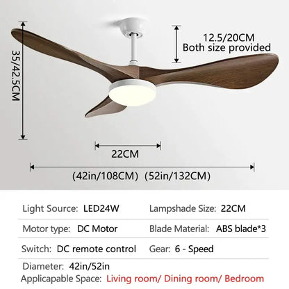 Modern ceiling fan with three dark brown wooden blades and a white LED light for living room use