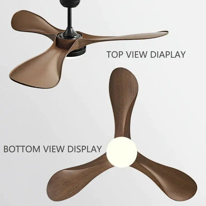 Modern ceiling fan with three dark brown wooden blades and black motor housing for living room with led light