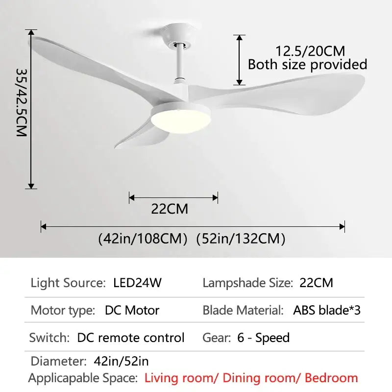 Modern ceiling fan with three sleek white abs blades and integrated led light for living room use
