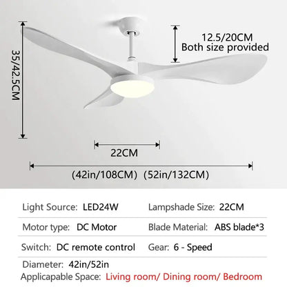 Modern ceiling fan with three sleek white abs blades and integrated led light for living room use
