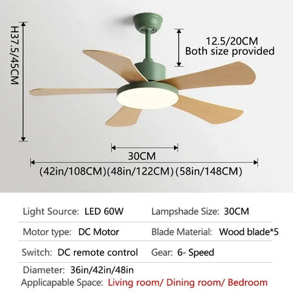 Modern ceiling fan with five light wooden blades and sage green housing with led light for bedroom restaurant ceiling