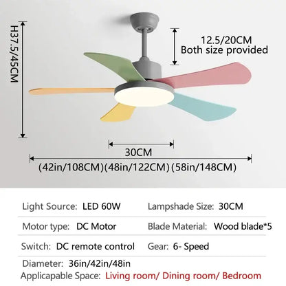 Modern white and wood ceiling fan with pastel wooden blades led light and dc motor for bedroom restaurant ceiling fan