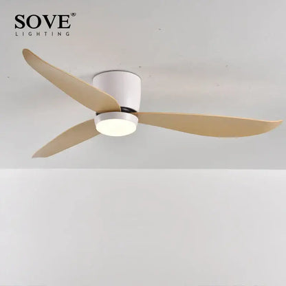 Modern white and wood decorbites led ceiling fan with remote control and three light wood blades for bedroom use