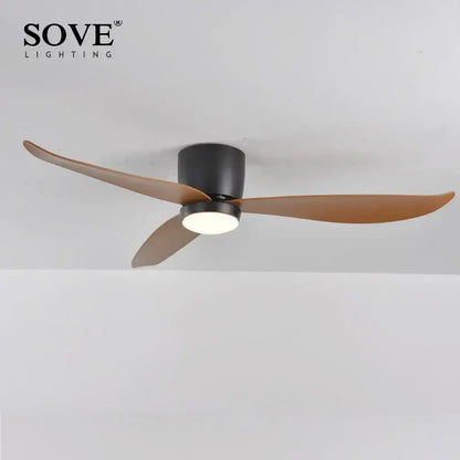 Modern white and wood ceiling fan with sleek black motor, warm wooden blades, led light, and remote control for bedroom decorbites led ceiling