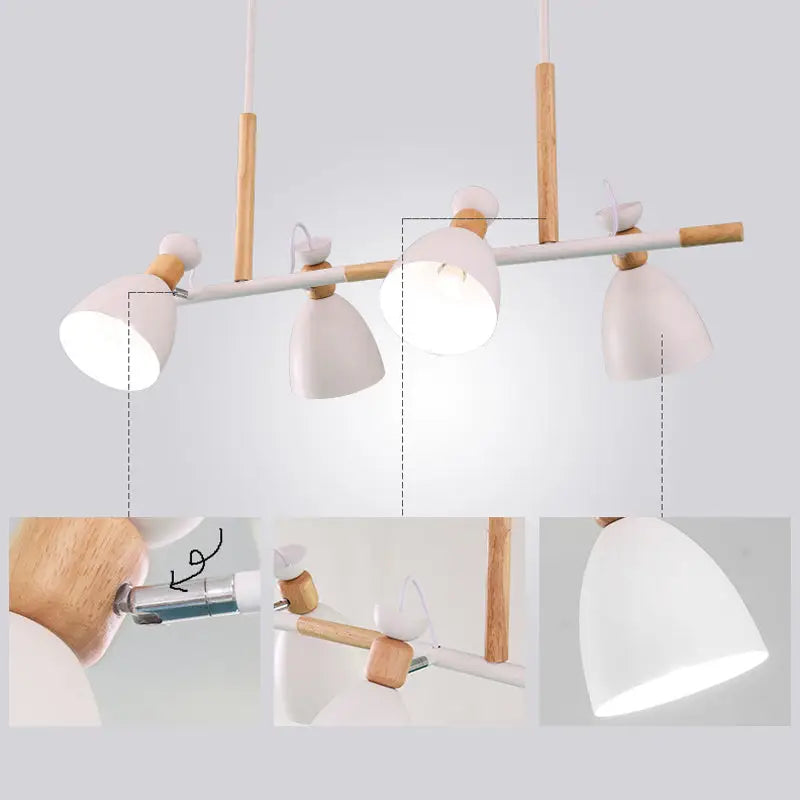 Modern white ceramic pendant light with natural wood accents and adjustable arms for metal island dining room use