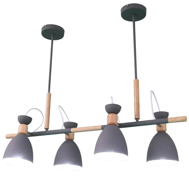 Modern gray metal and wood nordic 4-light bell pendant light fixture for dining room with adjustable metal island design