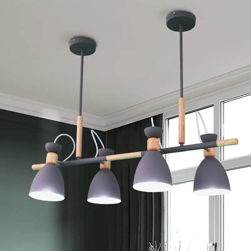 Modern gray metal island pendant light with wooden accents and adjustable led design for dining room lighting
