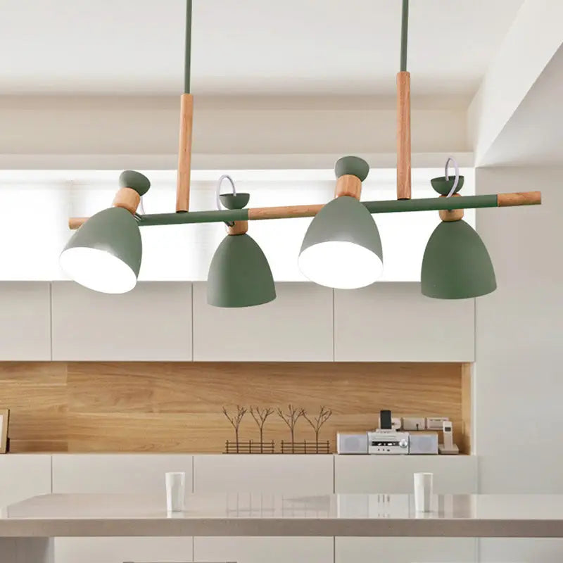 Modern green metal island pendant light with wooden accents led incandescent fluorescent for dining room