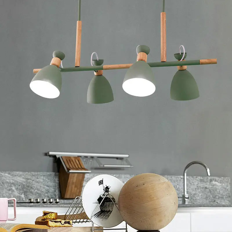 Decorbites nordic 4-light metal island pendant light with green shades and wooden accents for dining room use