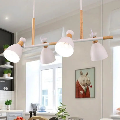 Modern white metal island pendant light with wooden accents and adjustable lamp heads for dining room LED use