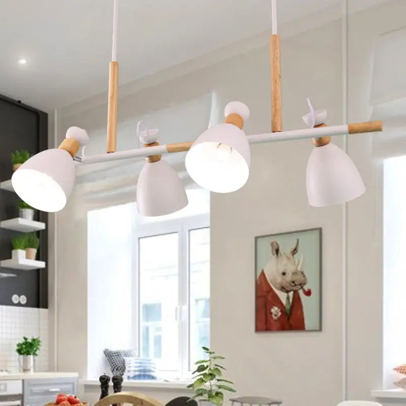 Modern white metal island pendant light with wooden accents and adjustable lamp heads for dining room LED use