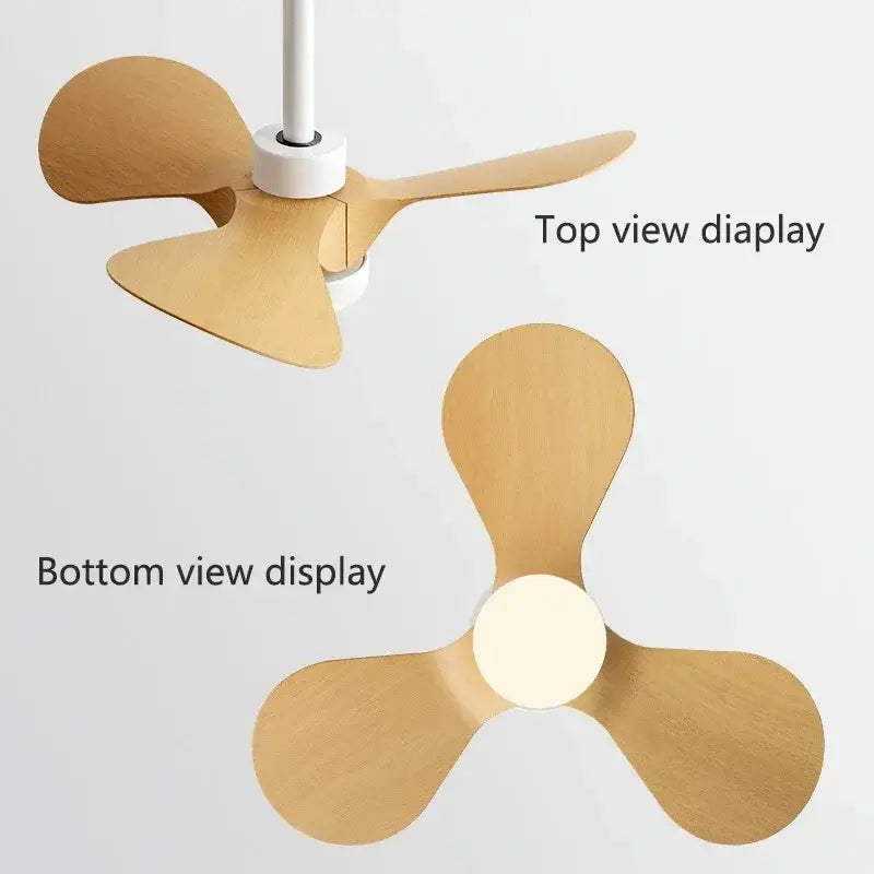 Minimalist three-blade mini ceiling fan with light wood finish and white central hub for modern bedroom lighting