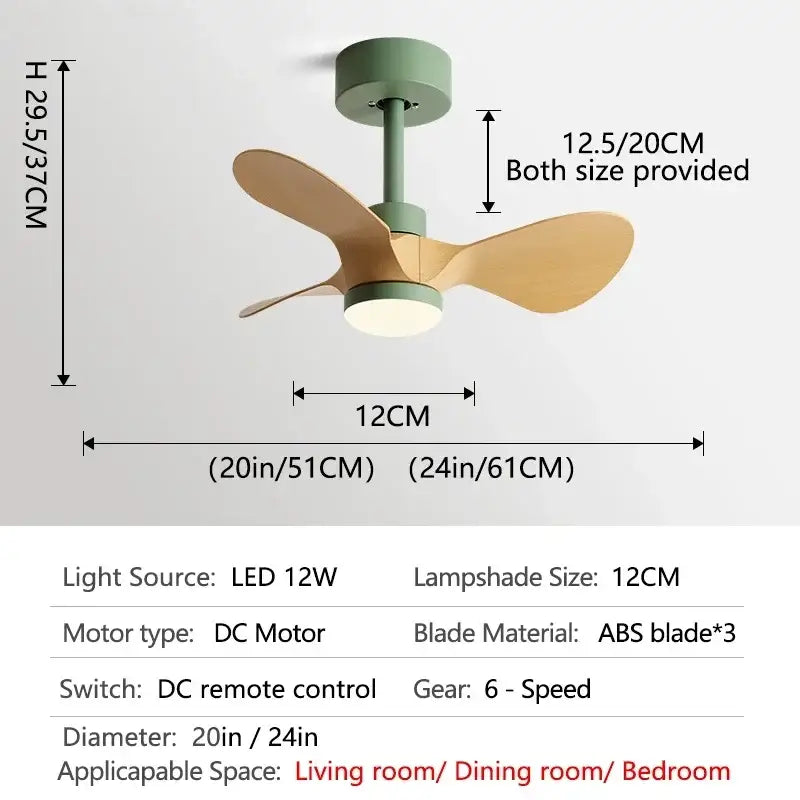 Modern mint green mini ceiling fan with three light wood abs blades and built-in led lamp for bedroom use