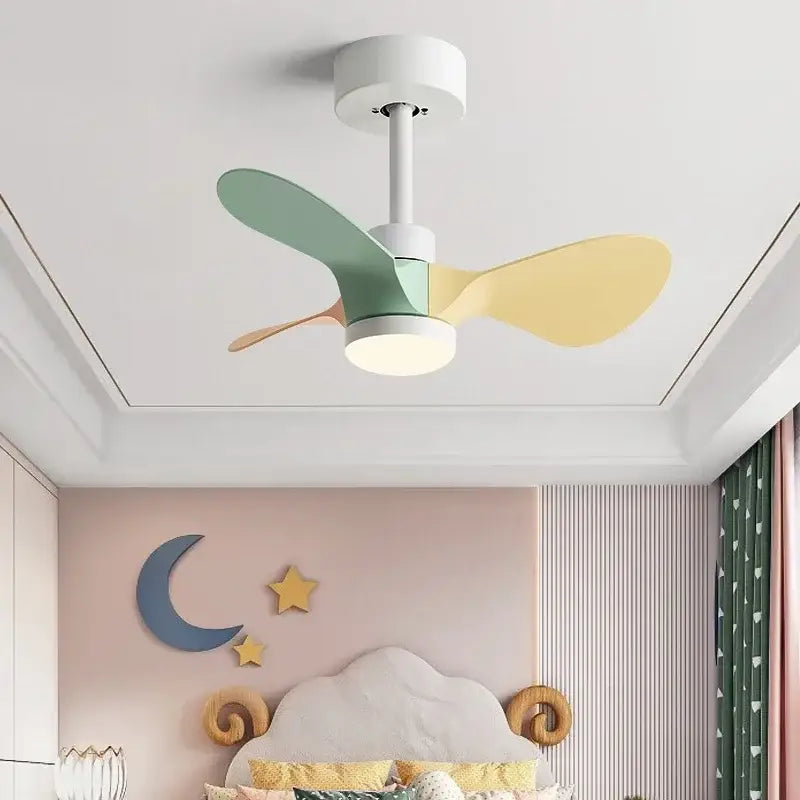 Modern white and wood mini ceiling fan with pastel mint and yellow blades and led light for bedroom use