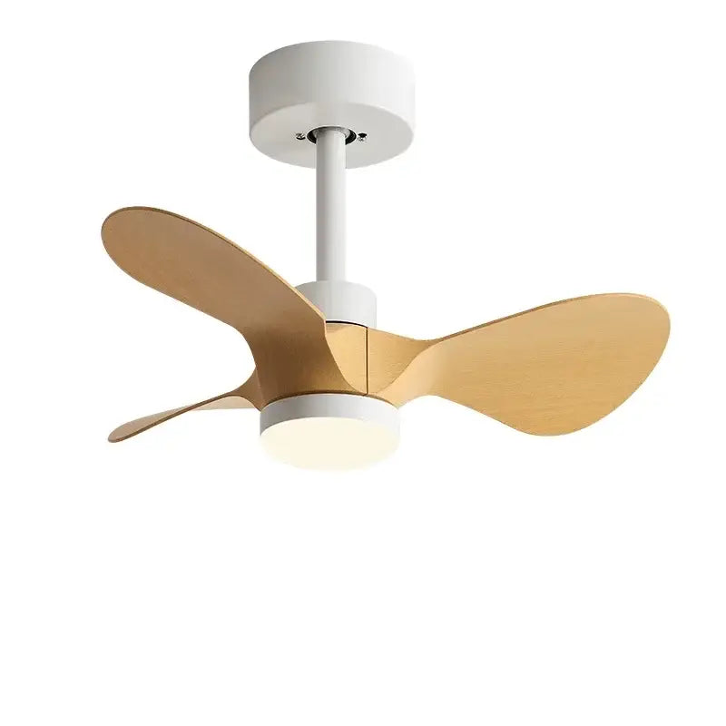 Modern white and wood mini ceiling fan with three light-colored wooden blades and integrated led light for bedroom use