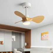 Modern white and wood mini ceiling fan with three light wood blades and integrated led light for bedroom use