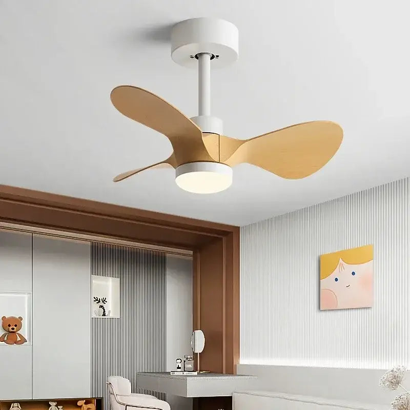 Modern white and wood mini ceiling fan with three light wood blades and integrated led light for bedroom use