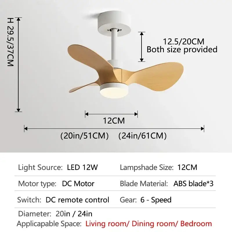 Modern white and wood mini ceiling fan with three light-colored wooden blades and integrated led lamp for bedroom use