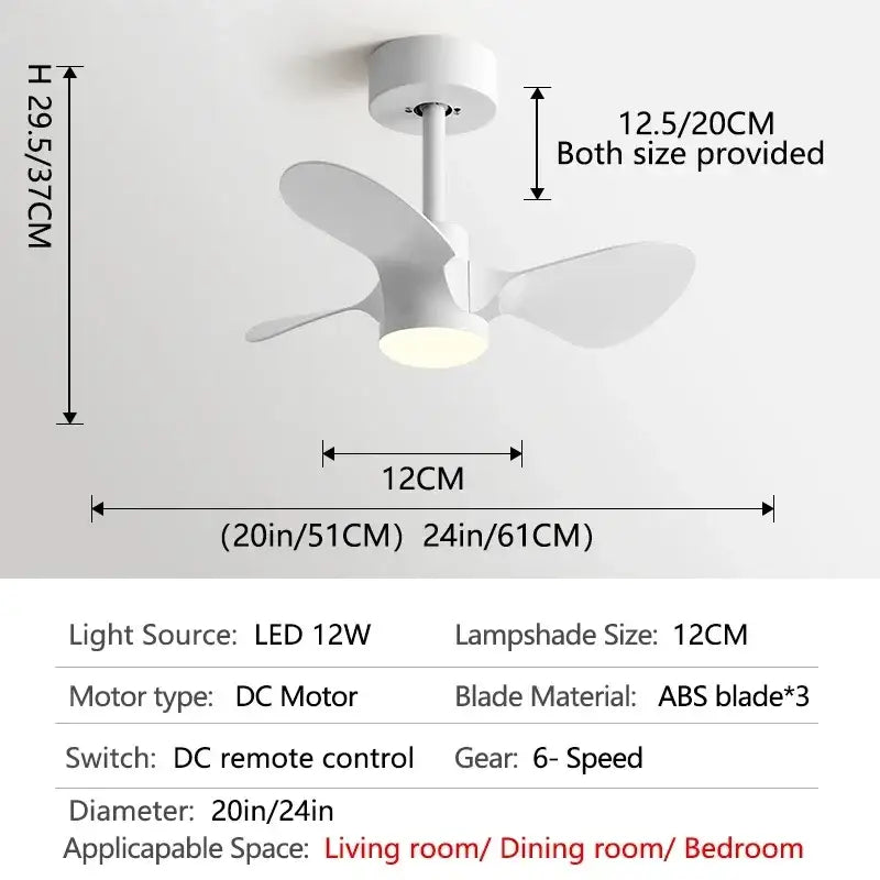 Modern white and wood mini ceiling fan with three abs blades and integrated led lighting for bedroom use