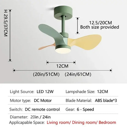 Modern mini ceiling fan with matte sage green motor housing and soft mint and pale yellow abs plastic blades for bedroom use