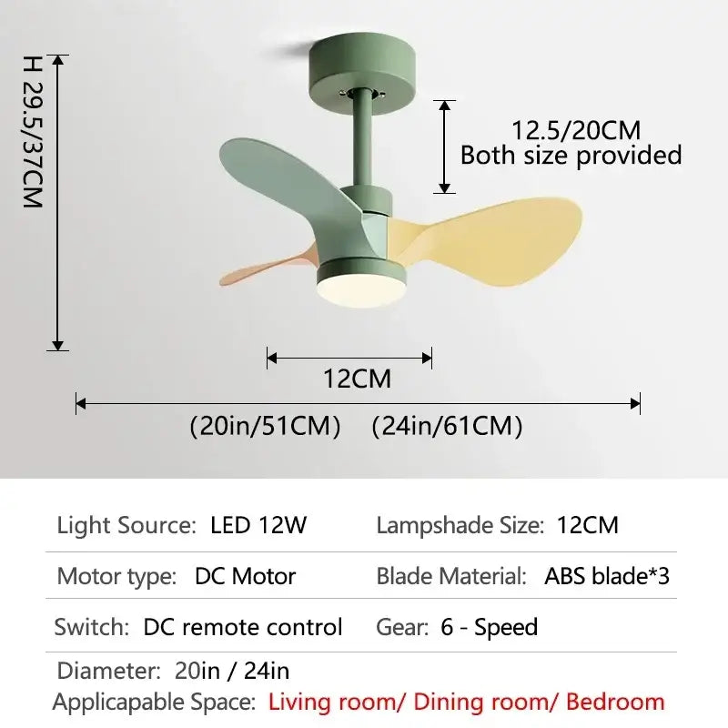 Modern mini ceiling fan with matte sage green motor housing and soft mint and pale yellow abs plastic blades for bedroom use