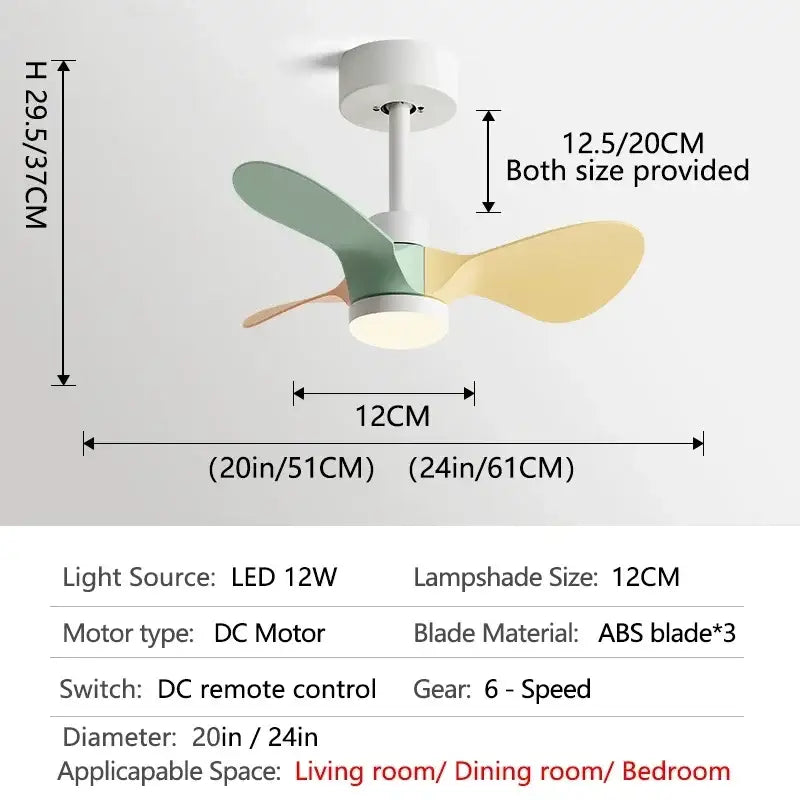 Modern white and wood mini ceiling fan with three pastel abs blades and integrated led lamp for bedroom use