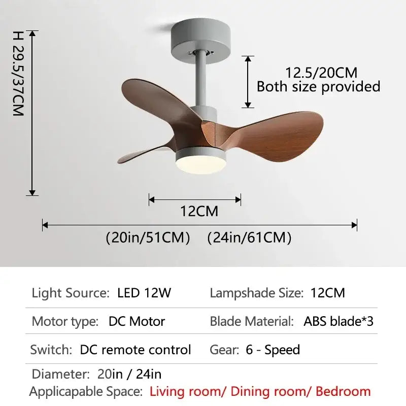 Modern white and wood mini ceiling fan with three wooden blades and sleek gray housing for bedroom use with led light
