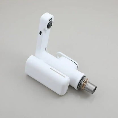 Modern white automatic sensor foam soap faucet with sleek design and metallic threaded connection for bathroom sink